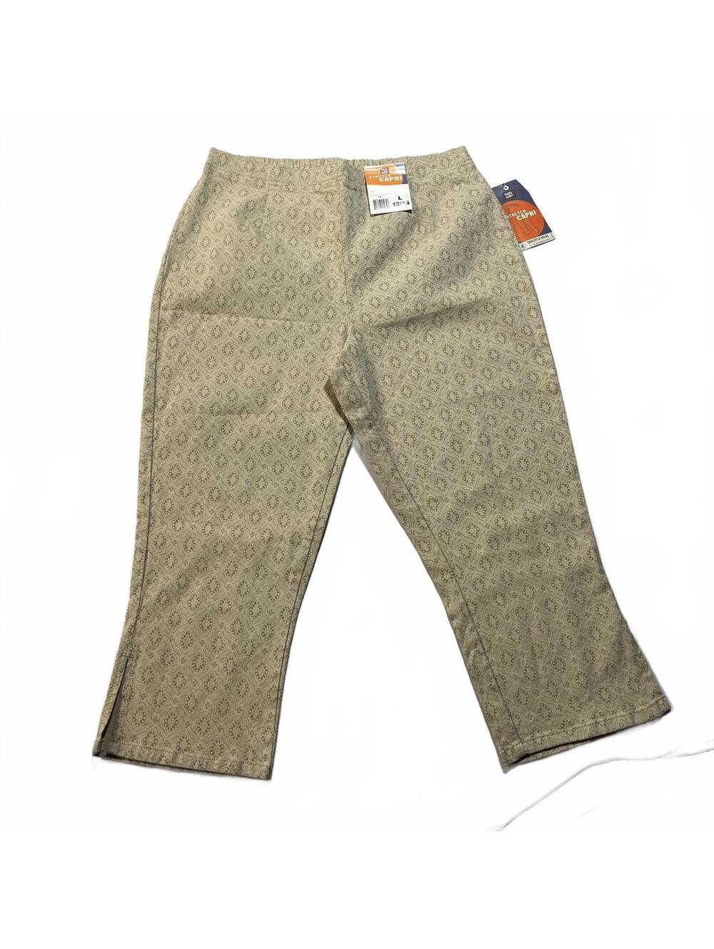 Faded Glory Stretch Capri Pants Large Geometric Pattern Beige Y2K 90s NWT Vtg